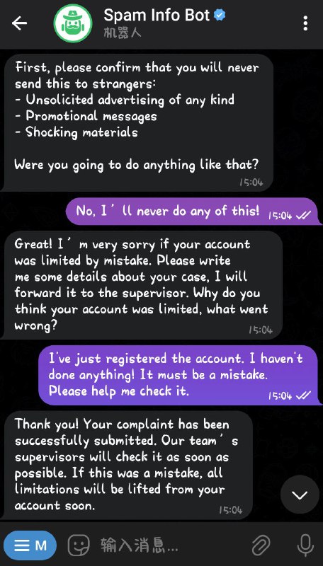 #垃圾号码 #解除垃圾号码限制向 Telegram 官方机器人 @SpamBot 发送消息，如果Bot回复是：Unfortunately, some phone numbers may trigger a harsh response from our anti-spam systems. If you think this is the case with you, you can submit a complaint to our moderators or subscribe to Telegram Premium to get less strict limits.原因：您注册的手机号码可能被Telegram反垃圾系统识别为垃圾号码，需要提交申诉